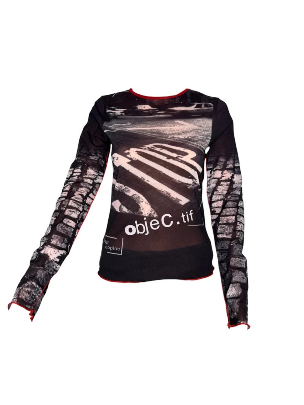 Vintage Cop Copine Y2K Sheer Street Print Long Sleeve Top